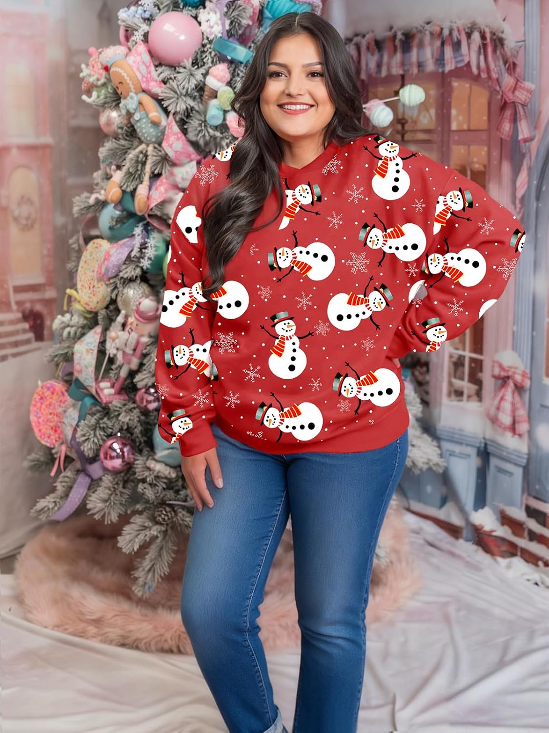 Plus Size Christmas Sweatshirt Women Crewneck Merry Christmas Pullover Sweater Long Sleeve Xmas Holiday Outfits