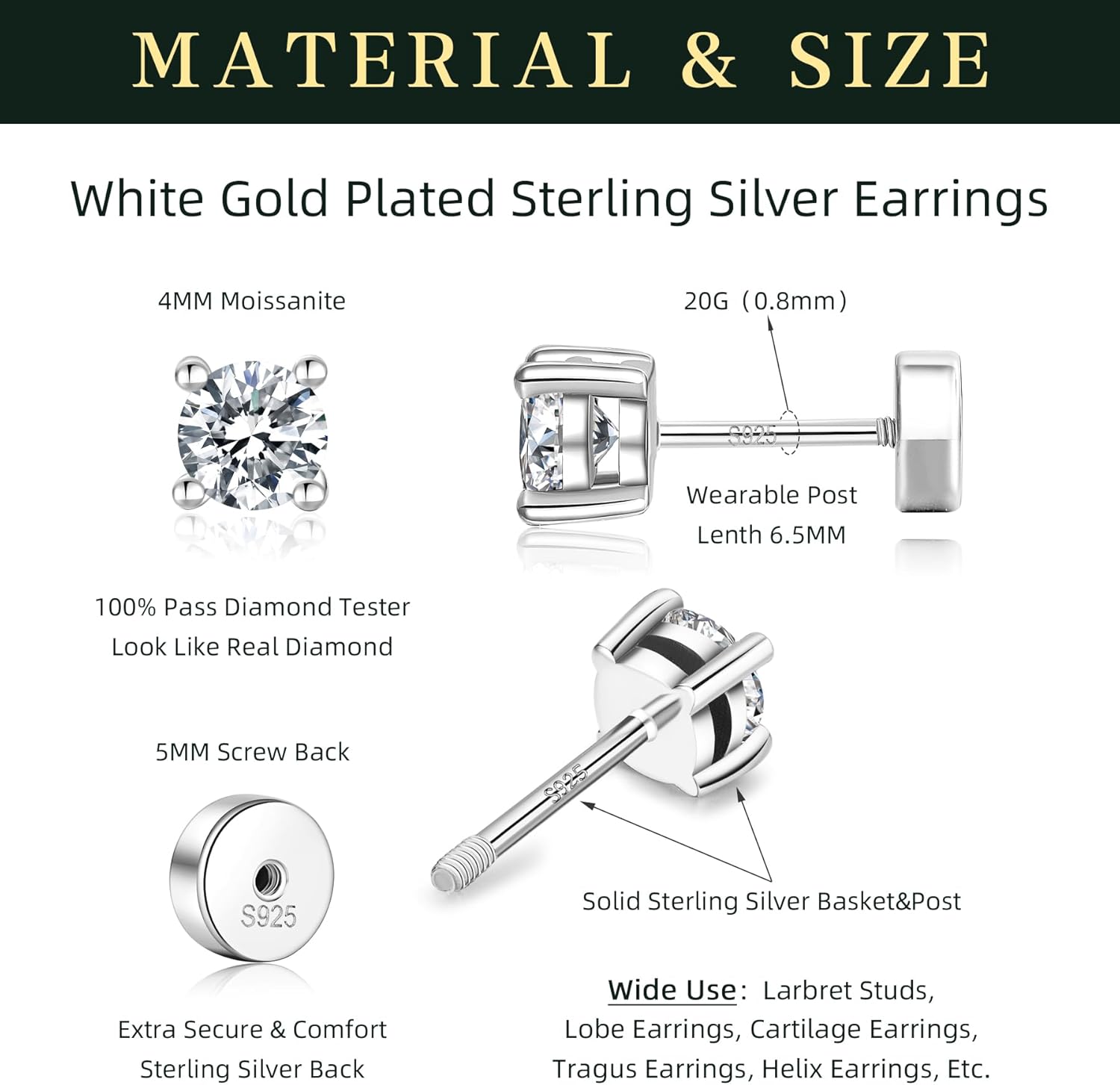 14K Gold Plated 925 Sterling Silver Moissanite Stud Flat Back Earrings for Women 0.06ct-2ct DF Color Brilliant Round Cut Jewelry Gifts - Image 2