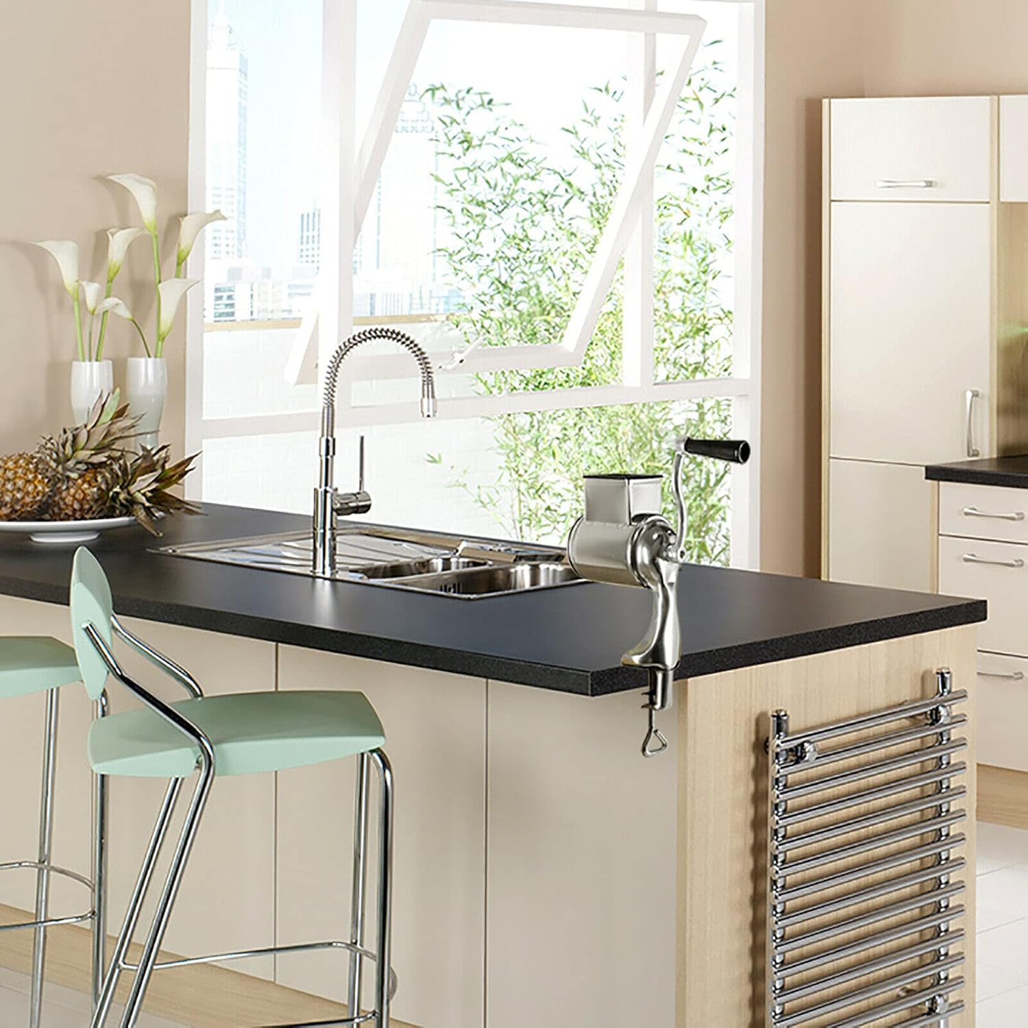 Manual Rotary Cheese Grater - Round Vegetable Slicer with 5 Interchangeable Blades Stainless Steel Rotary Drum Grater for Veggie, Nuts, Fruit,Biscuits