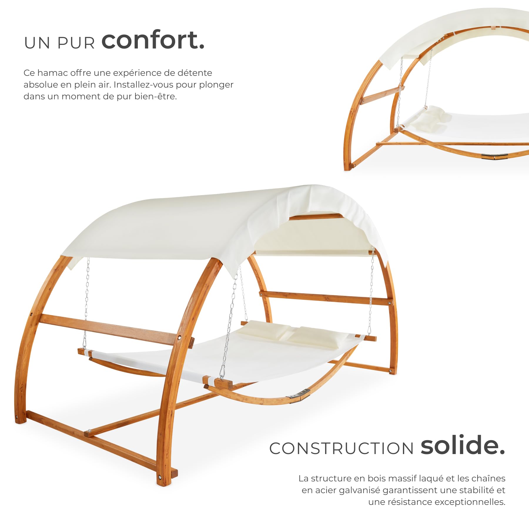 tectake® Hamac sur Pied XXL Hamac 2 Places Coton avec Toit & Support en Bois 328 x 160 x 172 cm, Supporte jusqu'à 250 kg, Couchage 202 x 138 cm, 2 Coussins Inclus pour Terrasse Exterieur Piscine