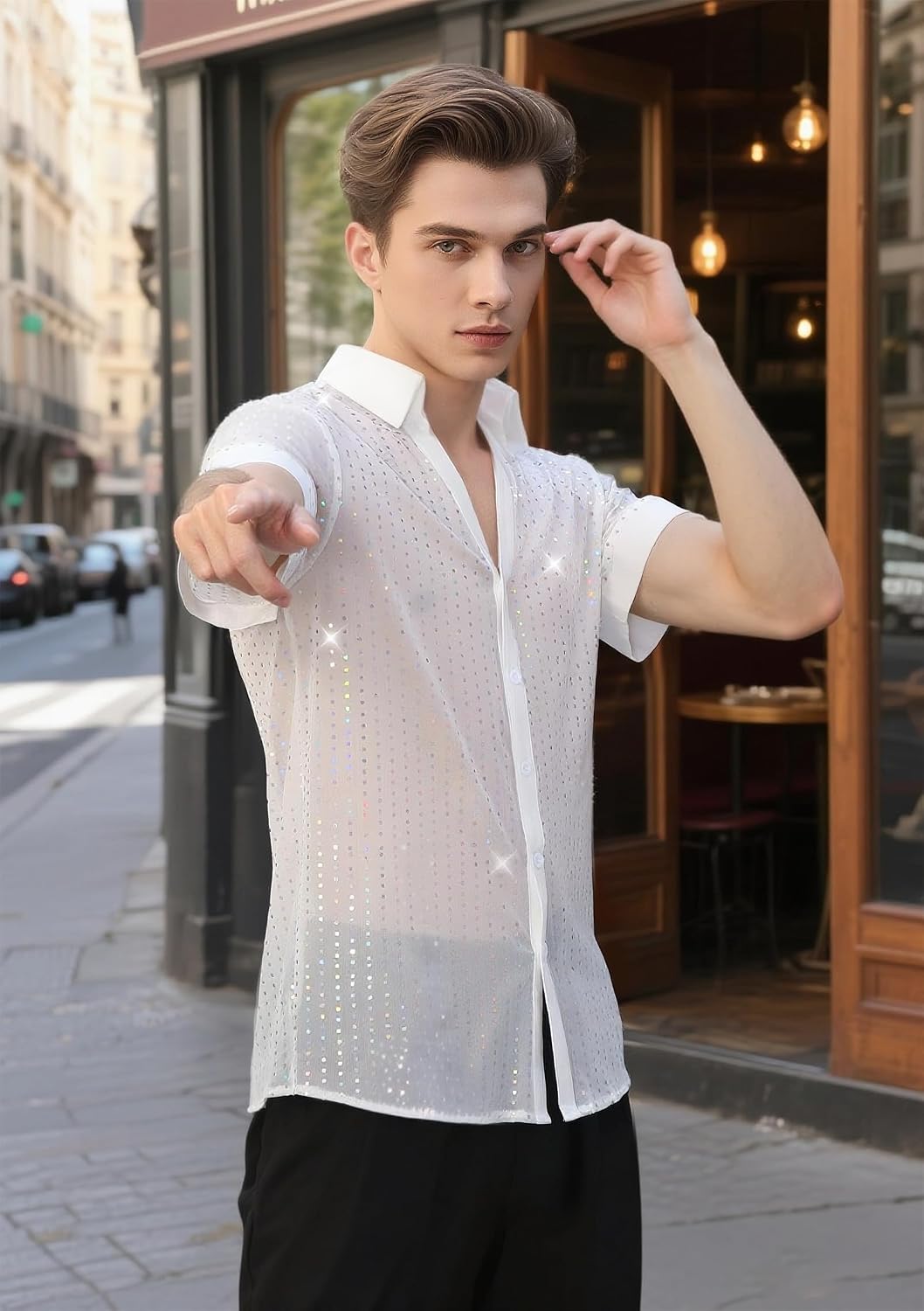 70s Disco Outfits for Mens Disco Sequins Shirt Mesh See Through Shirt Dancing Party Club Short Sleeve Glitter Top