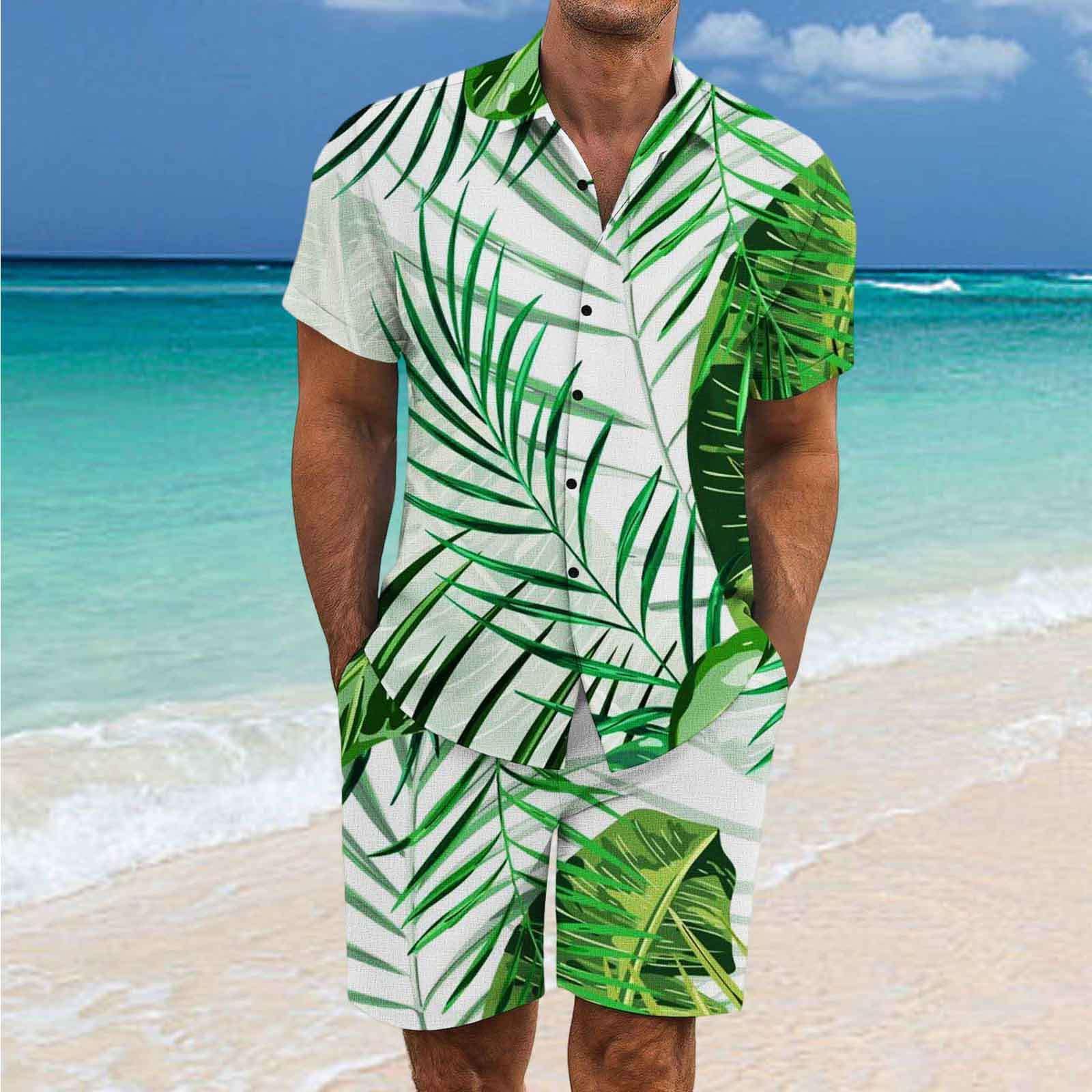 Tuta Completo Uomo da Viaggio Estivo 2 Pezzi - Set Camicia e Short Hawaiano Stampa Abbigliamento Leggero Tuta Sportivo Estiva Elegante Traspirante per Vacanze e Tempo