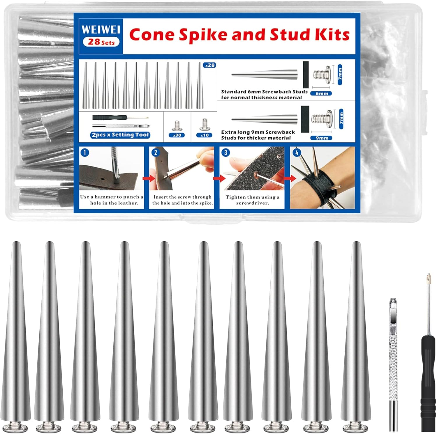 weiwei 28 Sets 55MM Long Sizes Studs and Spikes kit Punk Style Metal Screwback Bullet Tree Cone Spikes and Studs Rivets Set for Jackets Necklaces Dog Collars DIY (2 Sizes of Screw)
