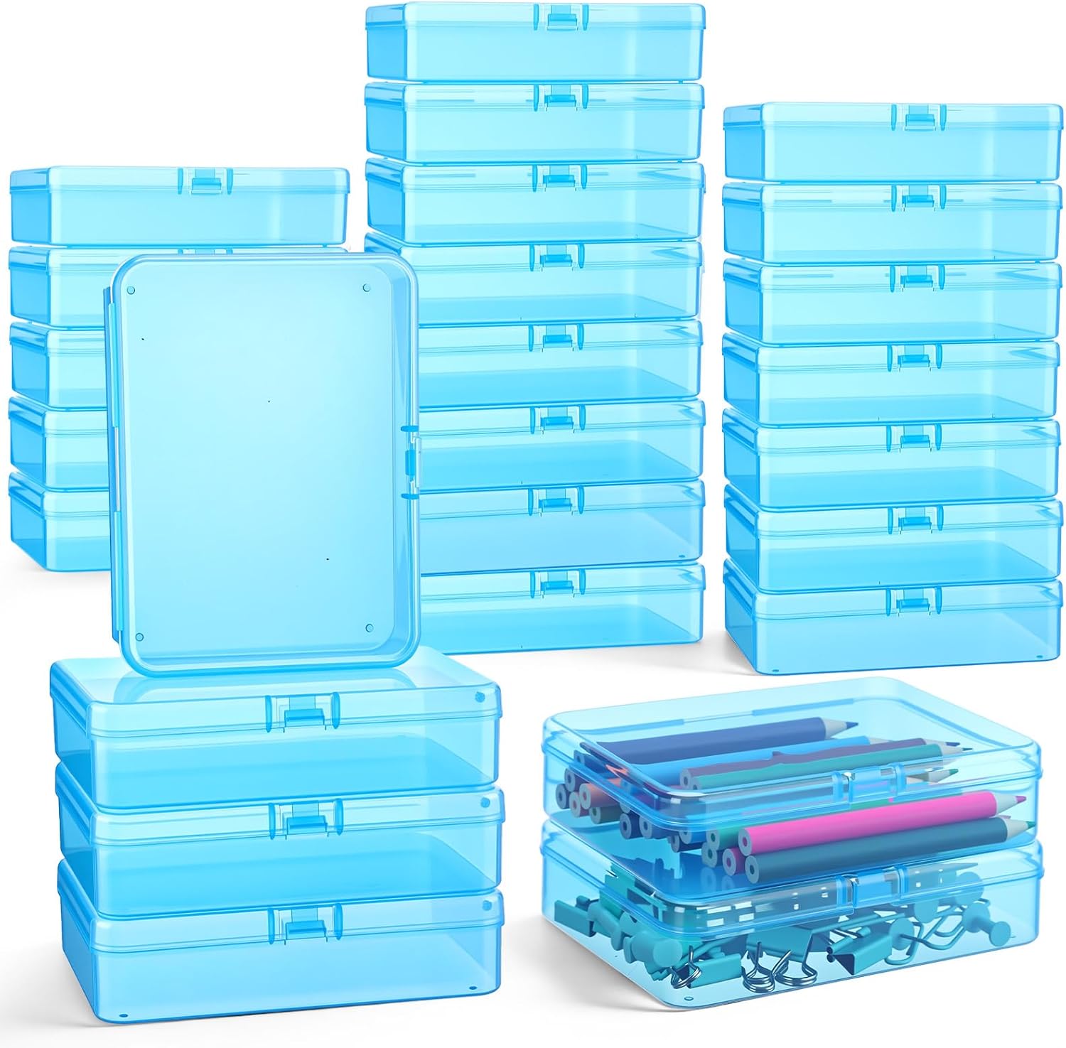 Dunzoom 25 Pcs Plastic Crayon Boxes with Lids, 4.53 x 3.35 x 1.1 Inches Stackable Small Storage Organizer Containers Crayon Pencil Case for Art Crafts Jewelry Beads Office Supplies(Multicolor)