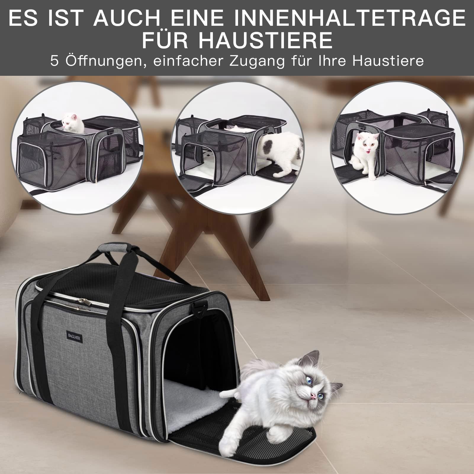 BAGLHER Erweiterbare Katzentrage mit Reise-Klo, Haustierreise, 5 Seiten offene Türen, 3 Seiten, auslaufsicher und zusammenklappbar, für Auto, Flugzeugausflug, Grau
