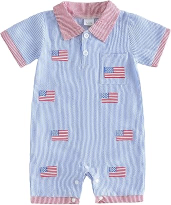 Bagilaanoe Infant Baby Boy 4th of July Outfit American Flag Collared Button Up Short Sleeve Romper Jumpsuit