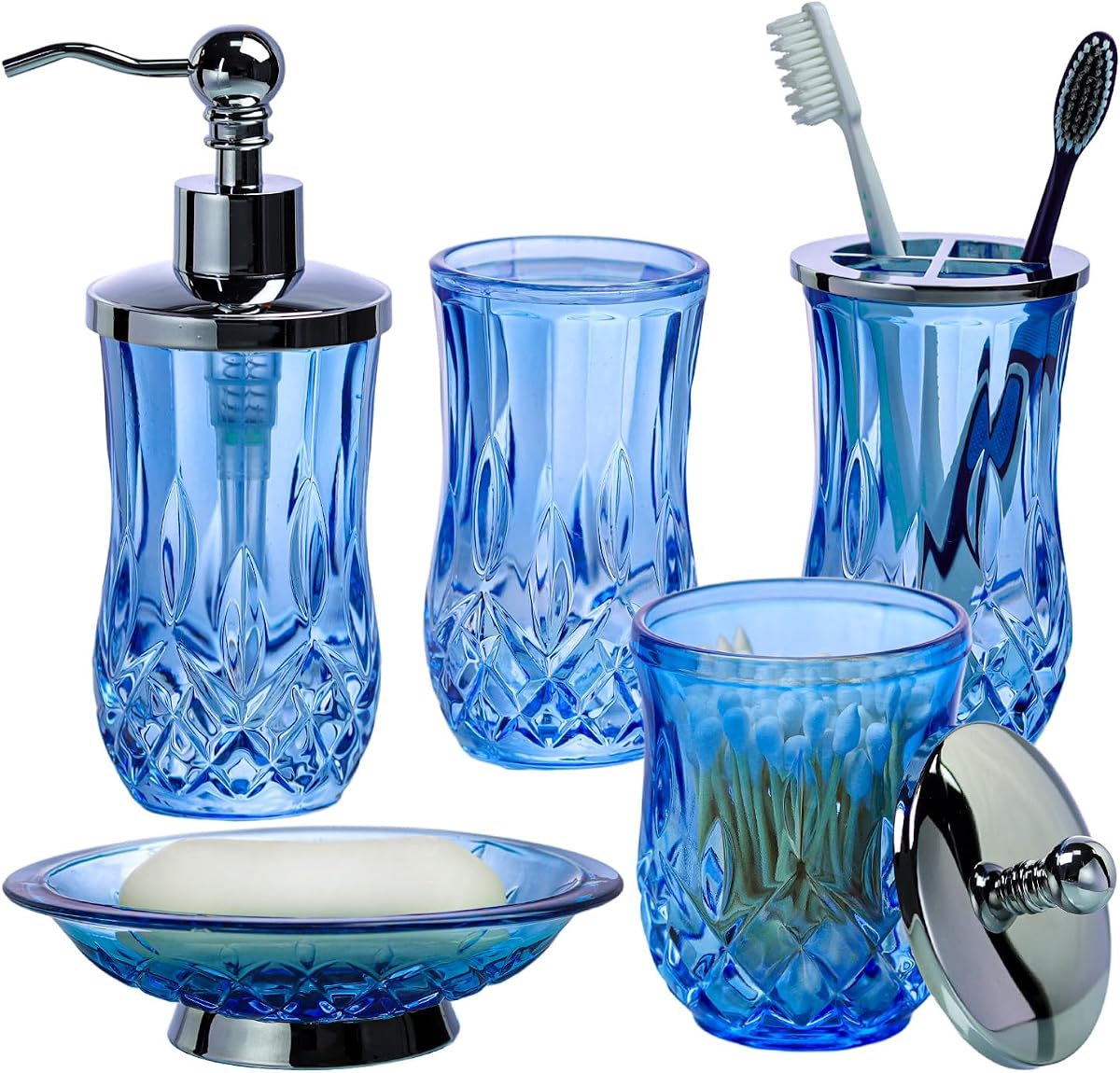 Accesorios de baño azules, bomba redonda de vidrio grueso y metal | Hermoso y peso, dispensador de jabón de 5 piezas, soporte para cepillo de dientes, jabonera, vaso y frasco, para estilo misión/amish