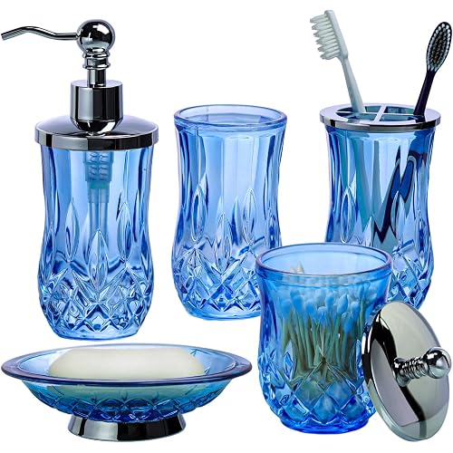 Blue Bathroom Accessories, Round Thick Glass & Metal Pump | Beautiful & weight, 5 pcs soap dispenser, toothbrush holder, soap dish, tumbler & jar, for mission/amish style