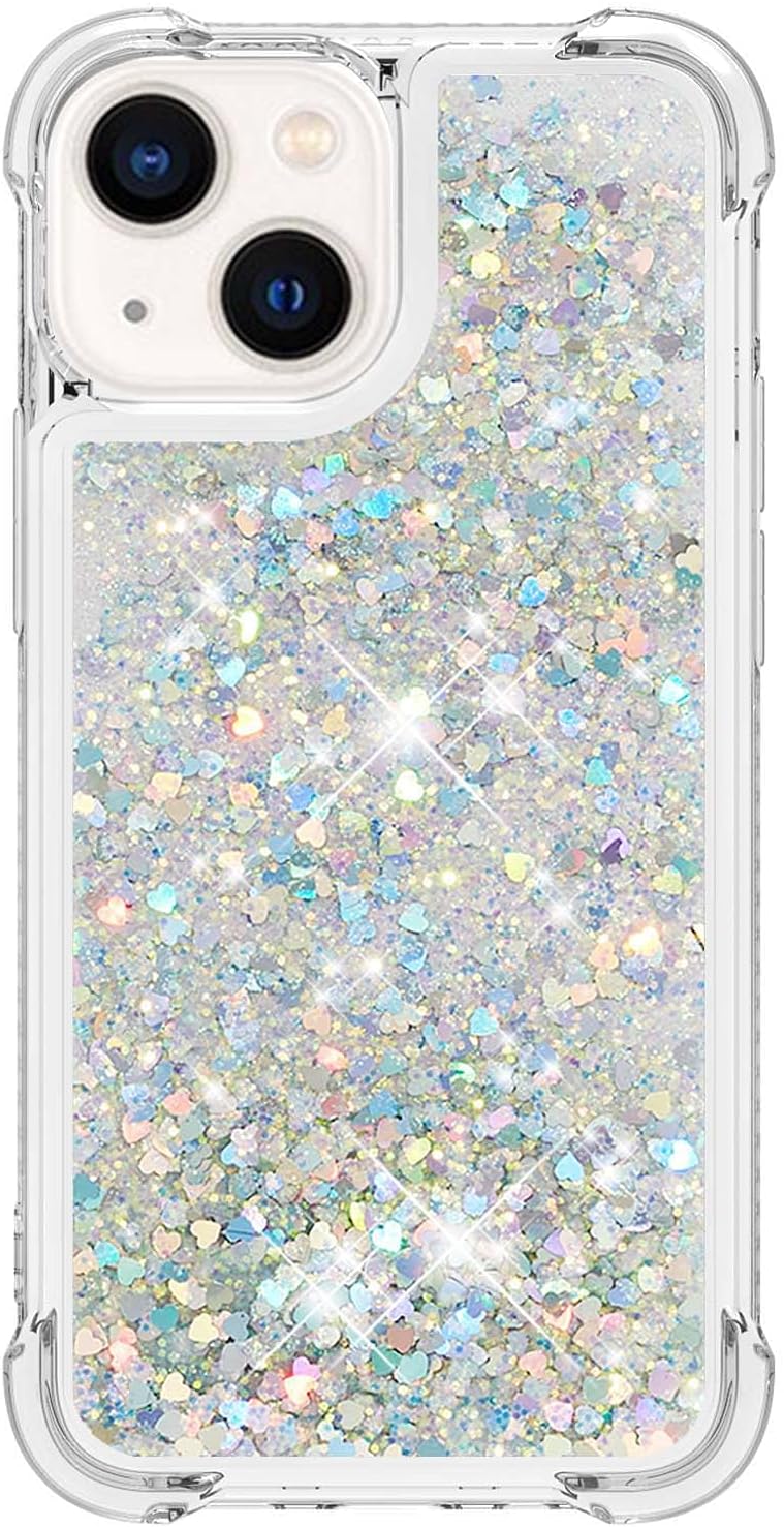 iPhone 13 Case Glitter, 3D Bling Sparkle Quicksand Flowing Liquid Clear Transparent TPU Gel Silicone ShockProof Protective Phone Case for iPhone 13 Cover Girls, Silver