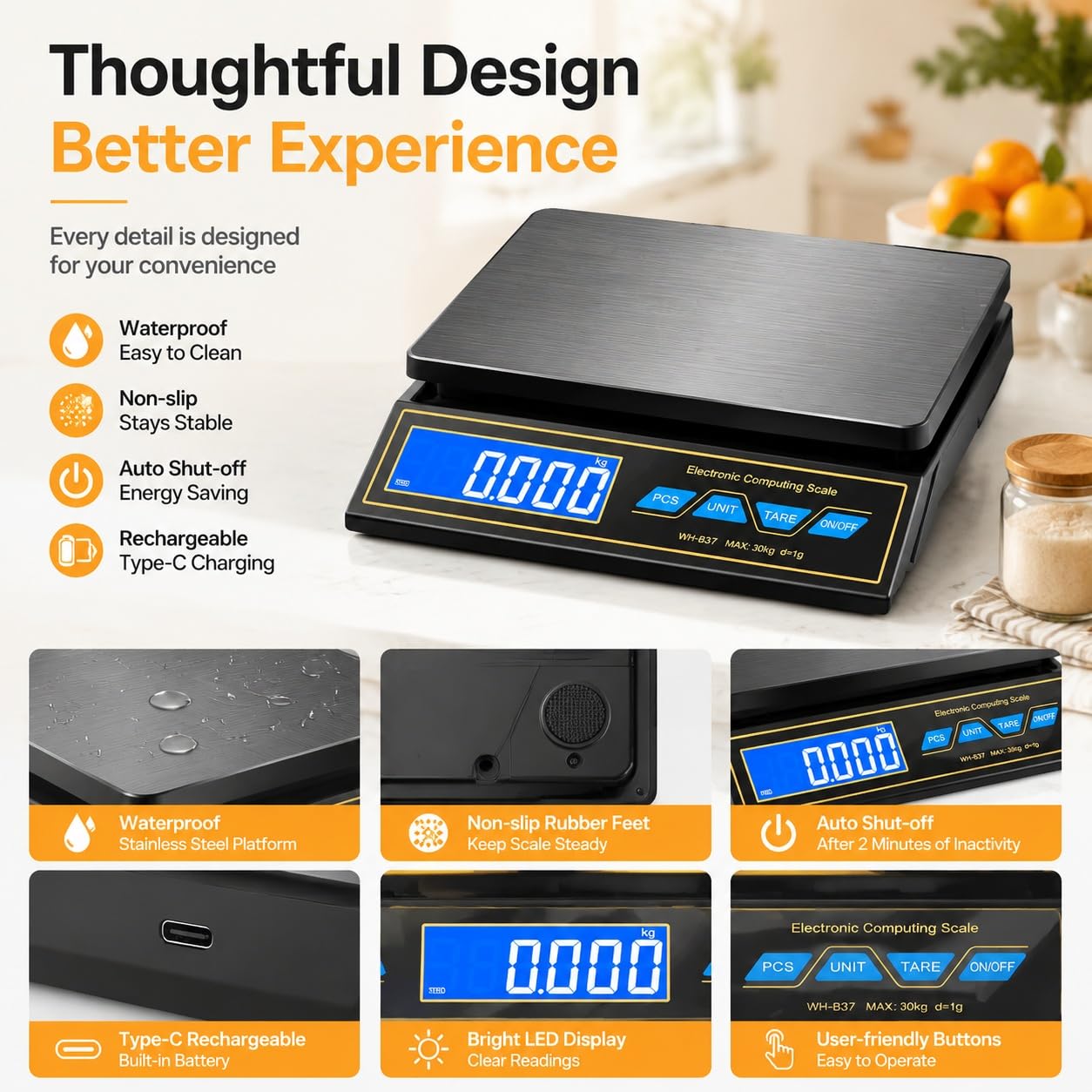 SOONHUA Bilancia da cucina, 30 kg, 0,1 g, in acciaio inox