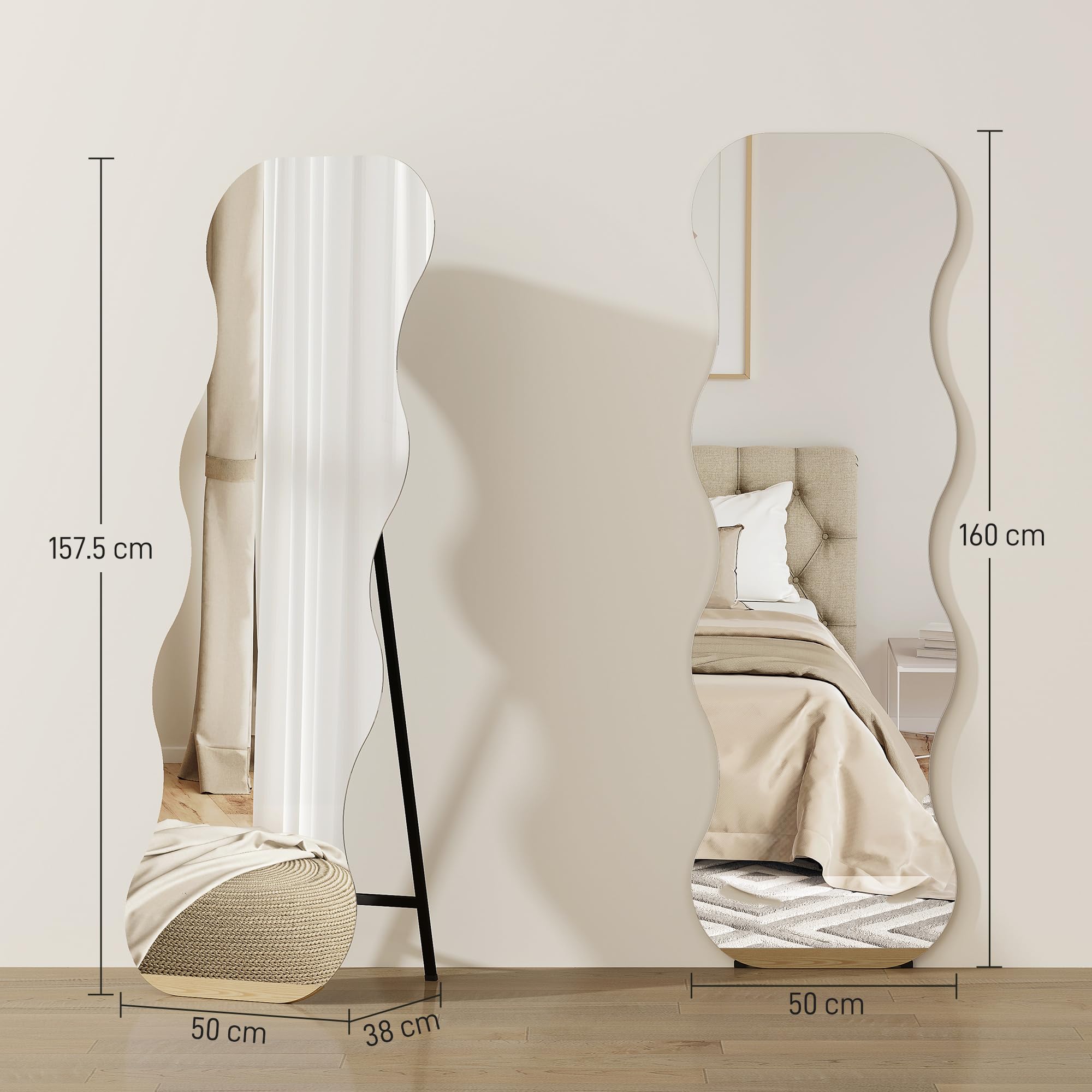 HOMCOM Ganzkörperspiegel 160 x 50 cm, rahmenloser Standspiegel mit unregelmäßig gewelltem Design, Holzsockel, zum Stehen oder Anlehnen, Modern Deko Spiegel für Schlafzimmer, Flur, Wohnzimmer, Schwarz