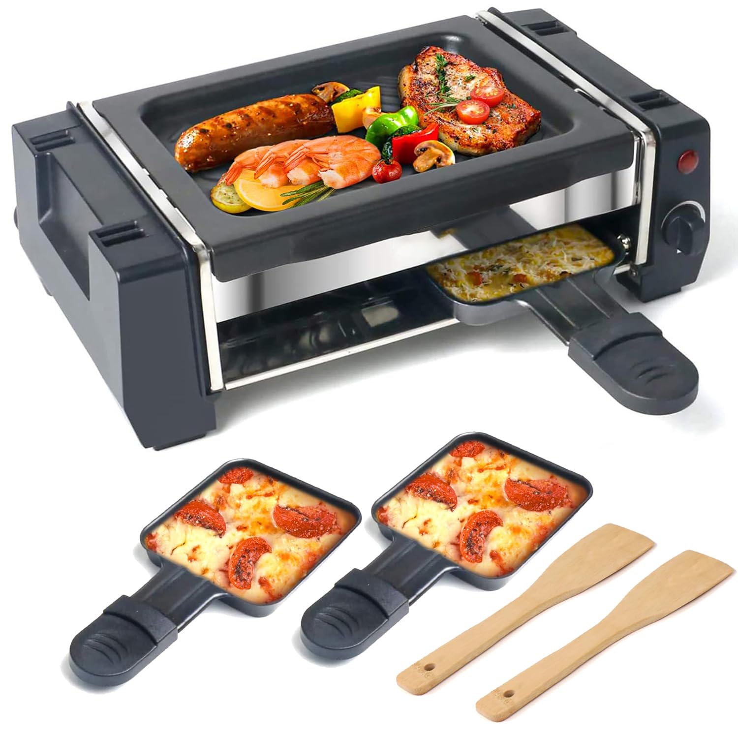 Raclette Grill, 2 in 1 Electric Griddle Electric Indoor Grill with 2 Raclette Cheese Pans and 2 Wooden Spatulas, 500W Nonstick Temperature Control Electric Korean BBQ Grill for Family and Party