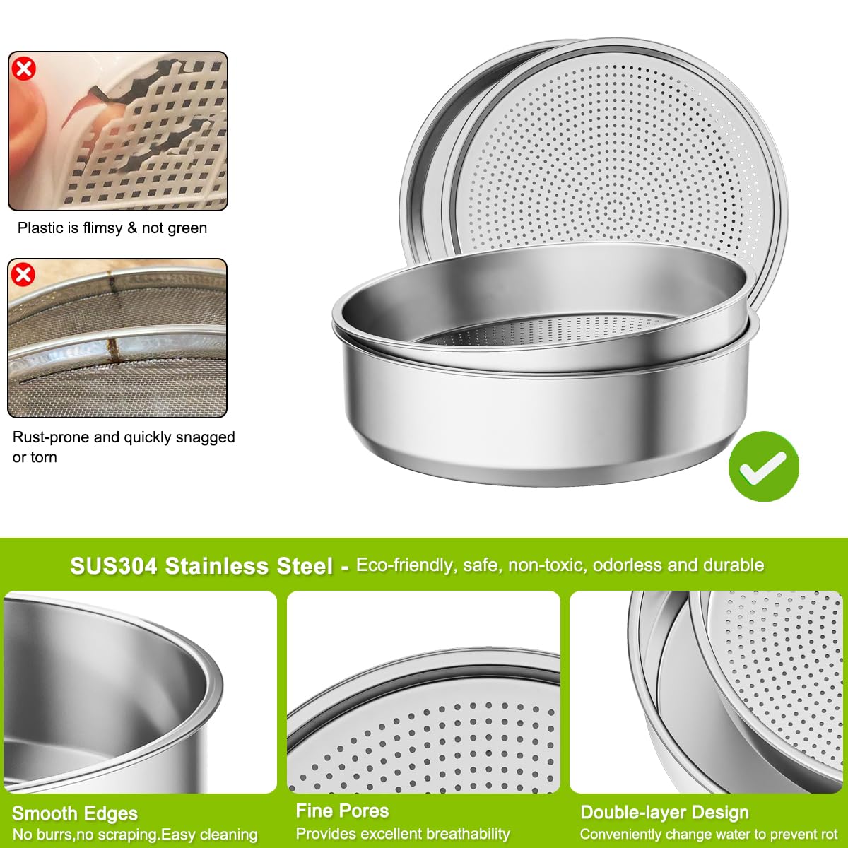 FANHAO Kit de germinación de semillas de acero inoxidable de 3 niveles, bandeja apilable de germinación de semillas, cultivador de brotes de semillas para jardinería de interior