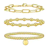 Wowshow Gold Bracelets for Women Strand Gold Beaded Bracelets for Women Initial Bracelet with A-Z Letter Gold Bracelet Stack Set 14K Gold Plated Bead Ball Bracelet Gold Jewelry Gifts for Women
