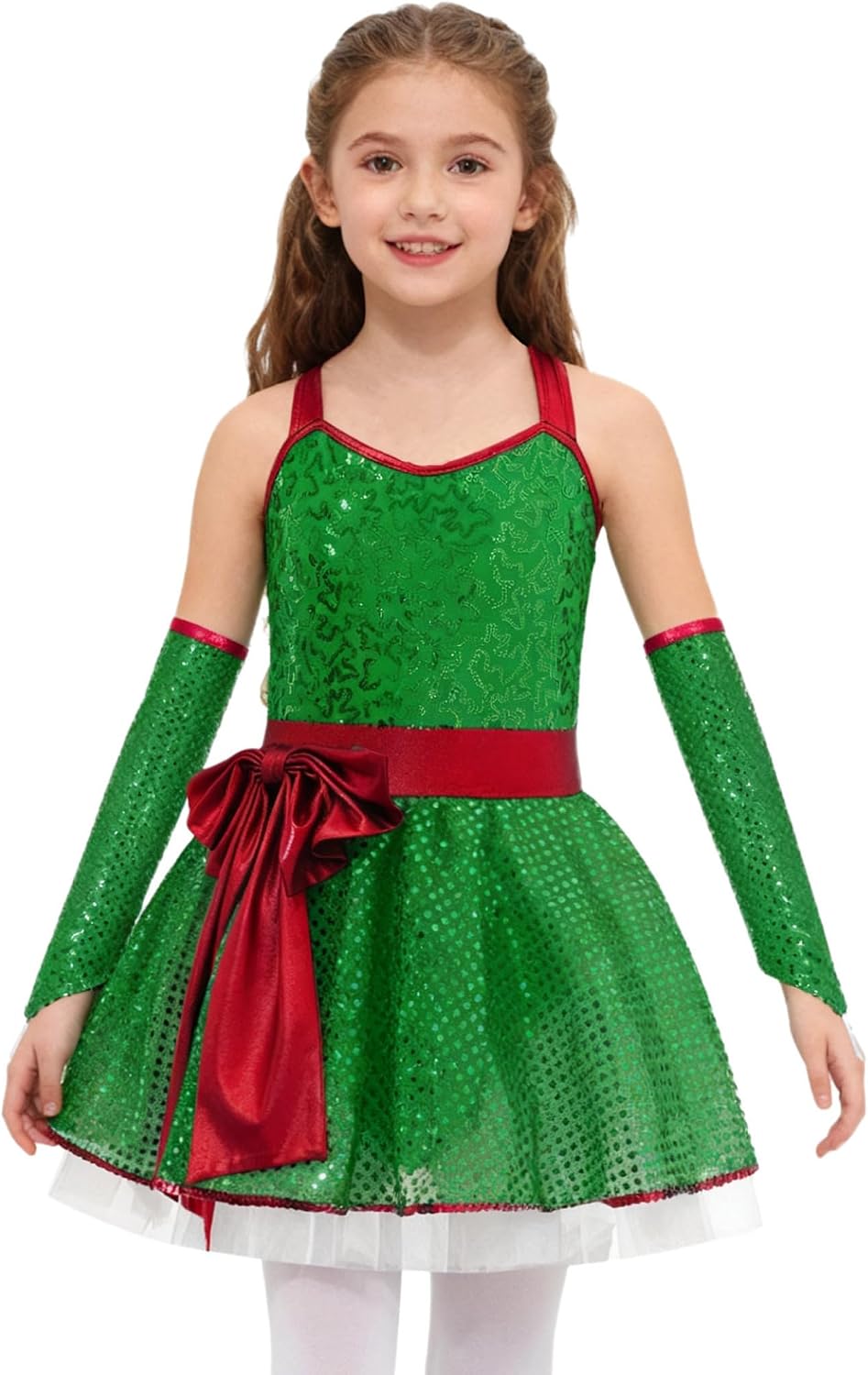 Kids Girls Christmas Bowknot Sequins Dress Sleeveless Figure Ice Skating Dance Dress Xmas Party Outfits