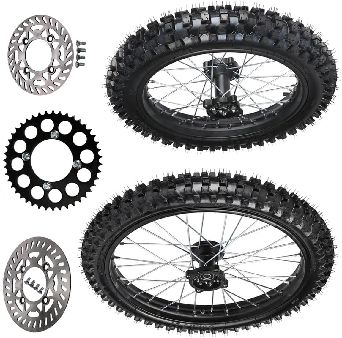 Front 70/100-19 & Rear 90/100-16 Tire and Wheel Rim 15mm Bearing + Brake Disc Rotor + 428 43T Chain Sprocket for Apollo Razor Taotao CRF XR Dirt Pit Bike Trail Scooter Off-Road Motorcycle Motocross