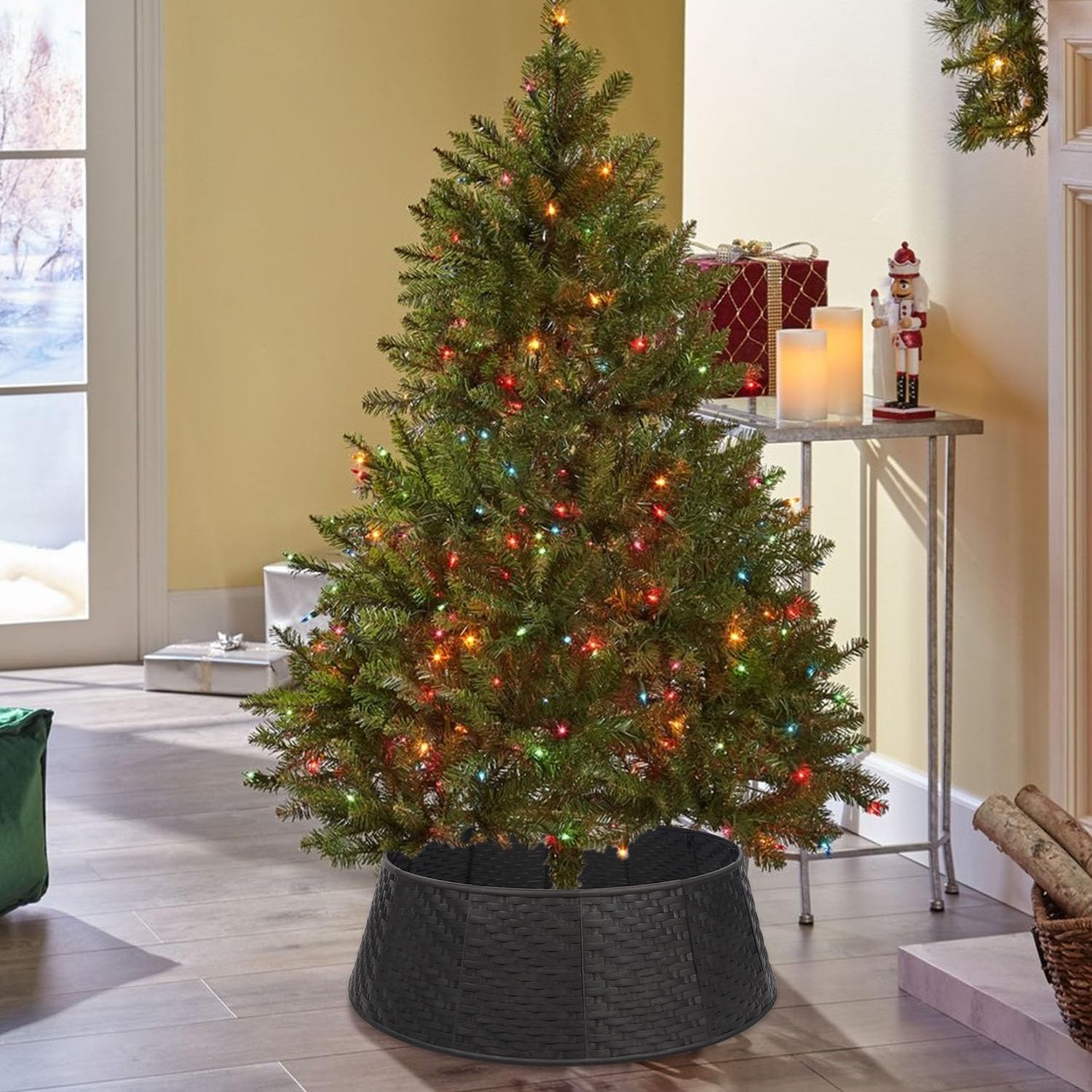 Blissun Christmas Tree Collar, 28.7" D Round Plastic Christmas Tree Ring, Christmas Tree Skirt for Artificial Christmas Trees Decoration (Black)