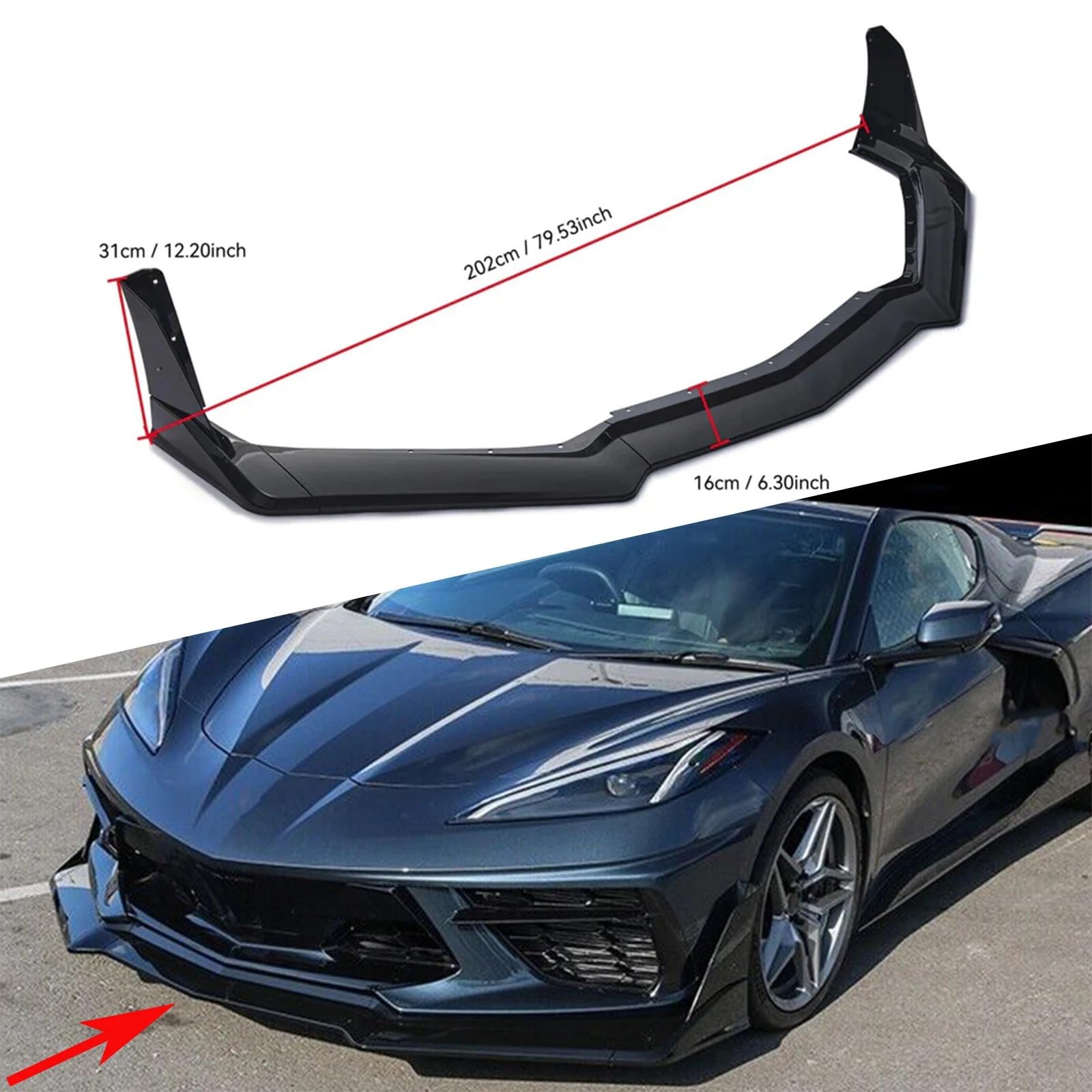 Uniwersalny spoiler Do Corvette C8 2 Door Z51 Stingray STG 3 | 2020-2024 Glossy Black Carbon Look Przedni Dokładka przedniego zderzaka