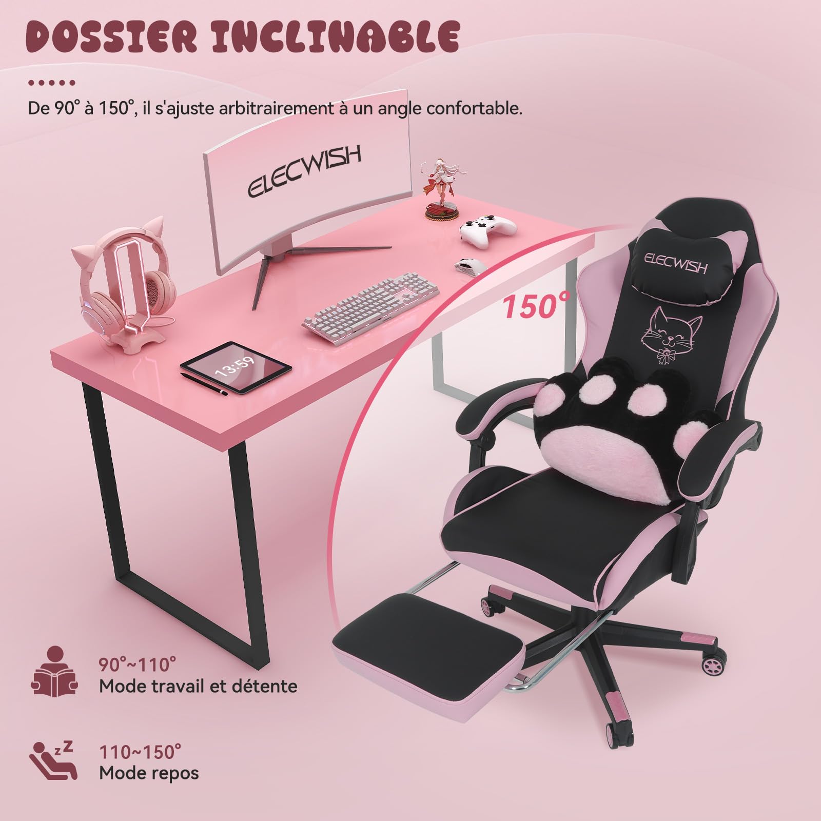 YU YUSING Chaise Gaming Kawaii Patte de Chat, Fauteuil Bureau Ergonomique