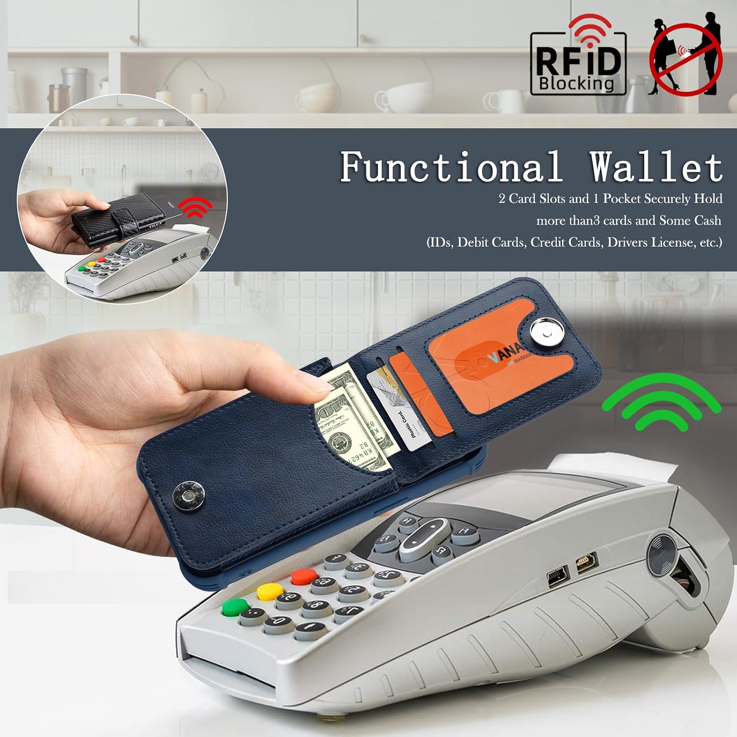 VANAVAGY Compatible for iPhone 16 Plus Wallet Case with Credit Card Holder Coin Pocket [360° Rotation Ring Kickstand], PU Leather Magnetic Clasp Flip Phone Cover for Women Men 6.7 Inch,Navy Blue