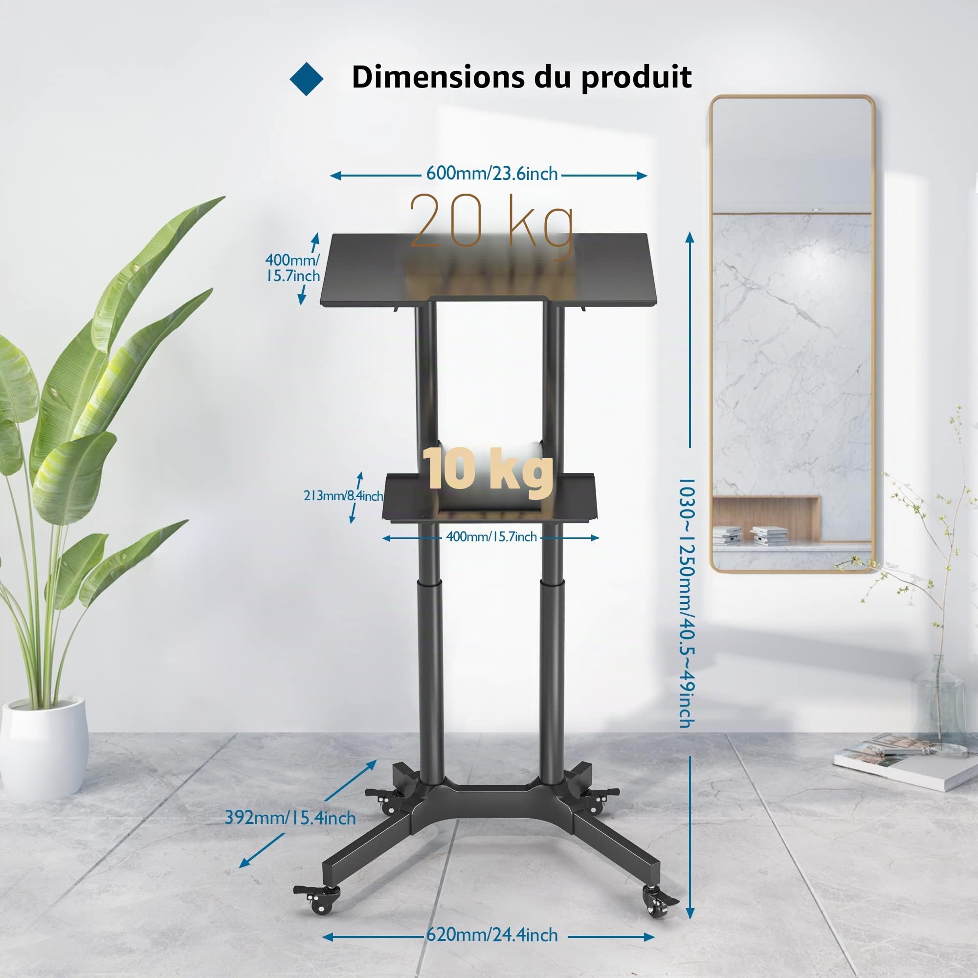 BONTEC Bureau Informatique Réglable en Hauteur, Table Mobile à Roulette, Bureau Ergonomique avec Plateau Incliné, Structure en Acier Robuste, Table d’appoint pour Petit Appartement, 103-125 cm