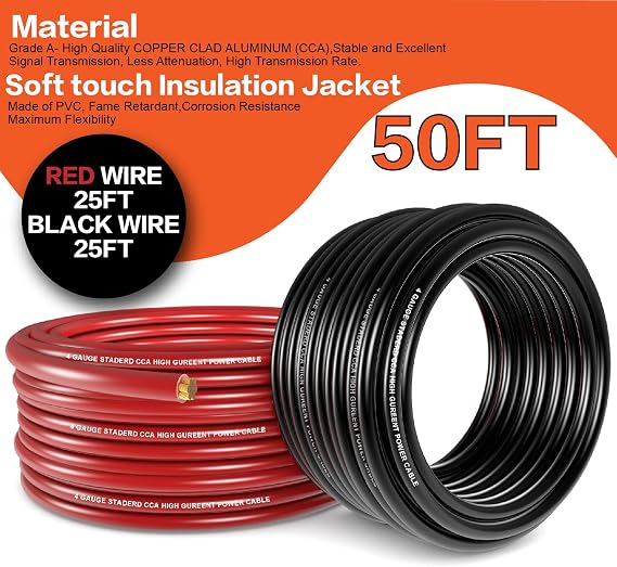 4 Gauge Battery Cable Kit 50ft Red/Black CCA Power/Ground Wire for Car Amp