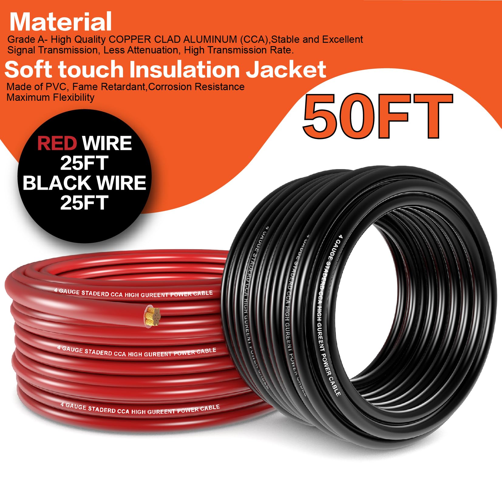 Fil de calibre 4 (7,6 m chacun, rouge/noir) en aluminium plaqué de cuivre CCA avec coupe-câble, cosses de 8 ga et tube thermorétractable – Câble d'alimentation par batterie/terre, haut-parleur audio