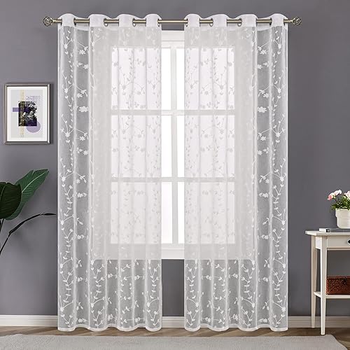 Miniatura 5 de YoungsTex Cortinas traslúcidas bordadas de lino sintético de 84 pulgadas de largo para sala de estar, con ojales, filtro de luz, cortinas