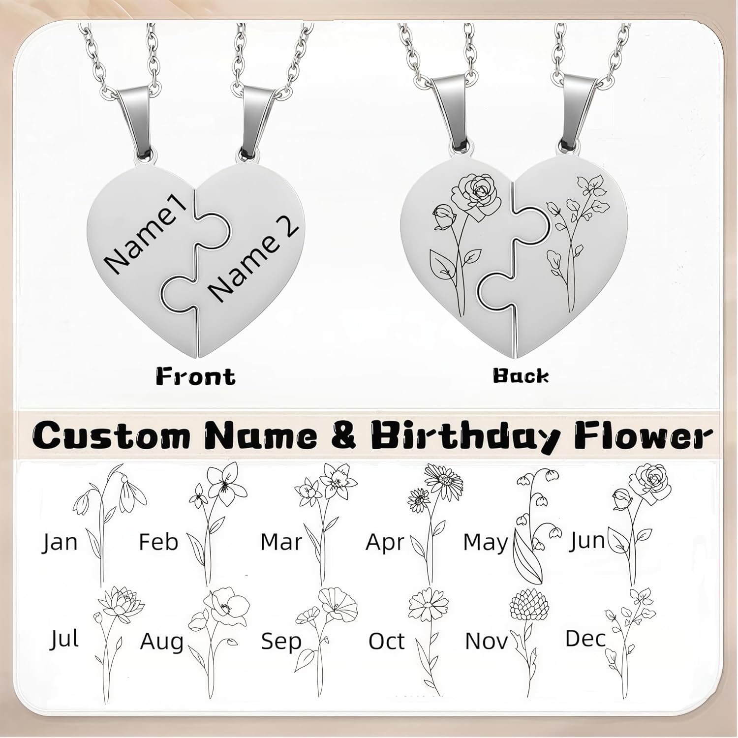 Personalized Name & Birth Flower BFF Necklace for 2/3/4/5, Mom and Daughter Matching Necklace, Custom Family Friendship Couple Necklace Set, Best Friend Name Engrave Heart Puzzle Pendant Necklace - Image 2