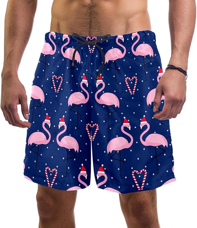 Flamingo Christmas Blue Swim Trunks Elastic Swimsuit Board Shorts for