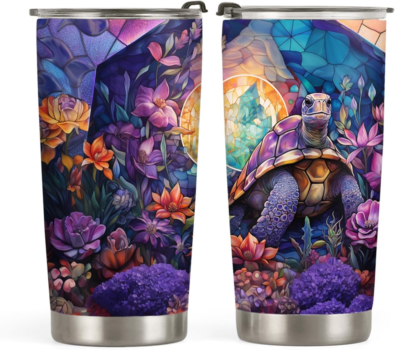 20oz Purple Stained Glass Flower Sea Turtle Tumbler, Gifts for Turtle Lovers, Ocean, Beach Gifts, Coffee Tumbler for Women, Stainless Steel Double Wall Vacuum Insulated Coffee Mug, Travel Cup with Lid