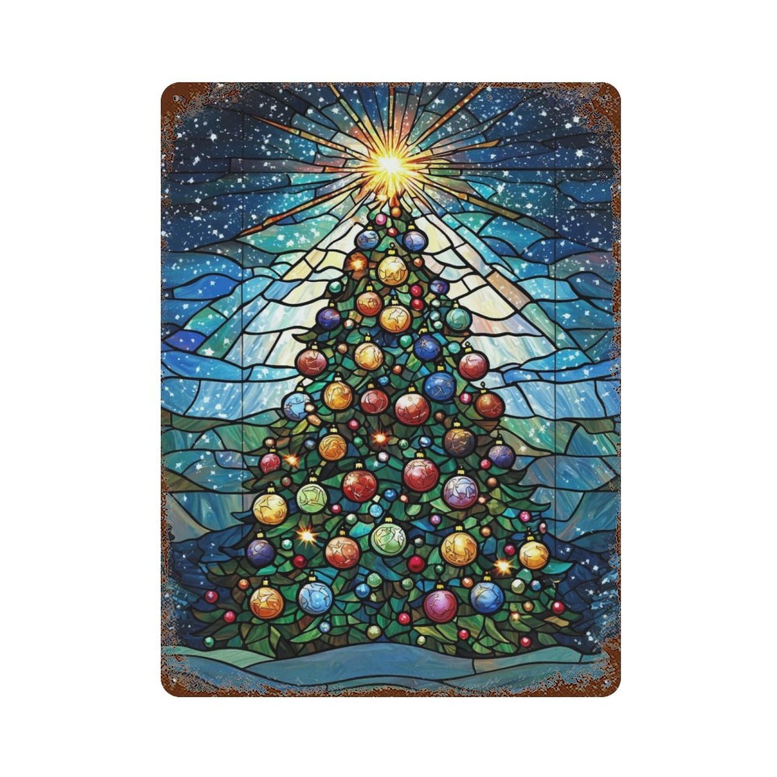 Stained Glass Christmas Tree Retro Metal Sign 15.7"x11.8", for Pub, Kitchen And Man Cave Decor, Industrial Home Decor