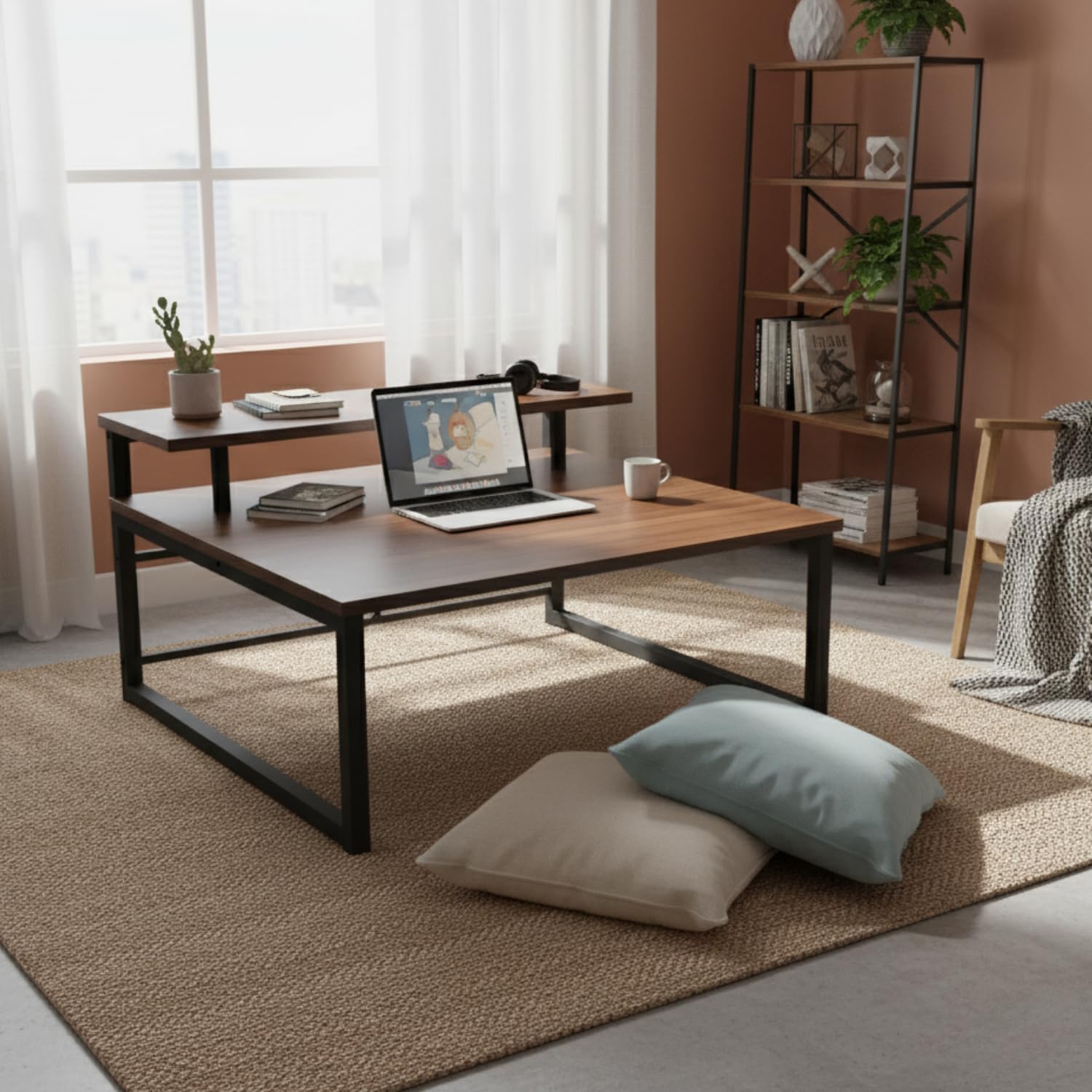 - Wood Aplos Laptop Table, Desk with Shelf for Study, Drawing, Monitor, TV Stand, Floor Sitting(Size 80CM x 70CM x 34CM, Brown)