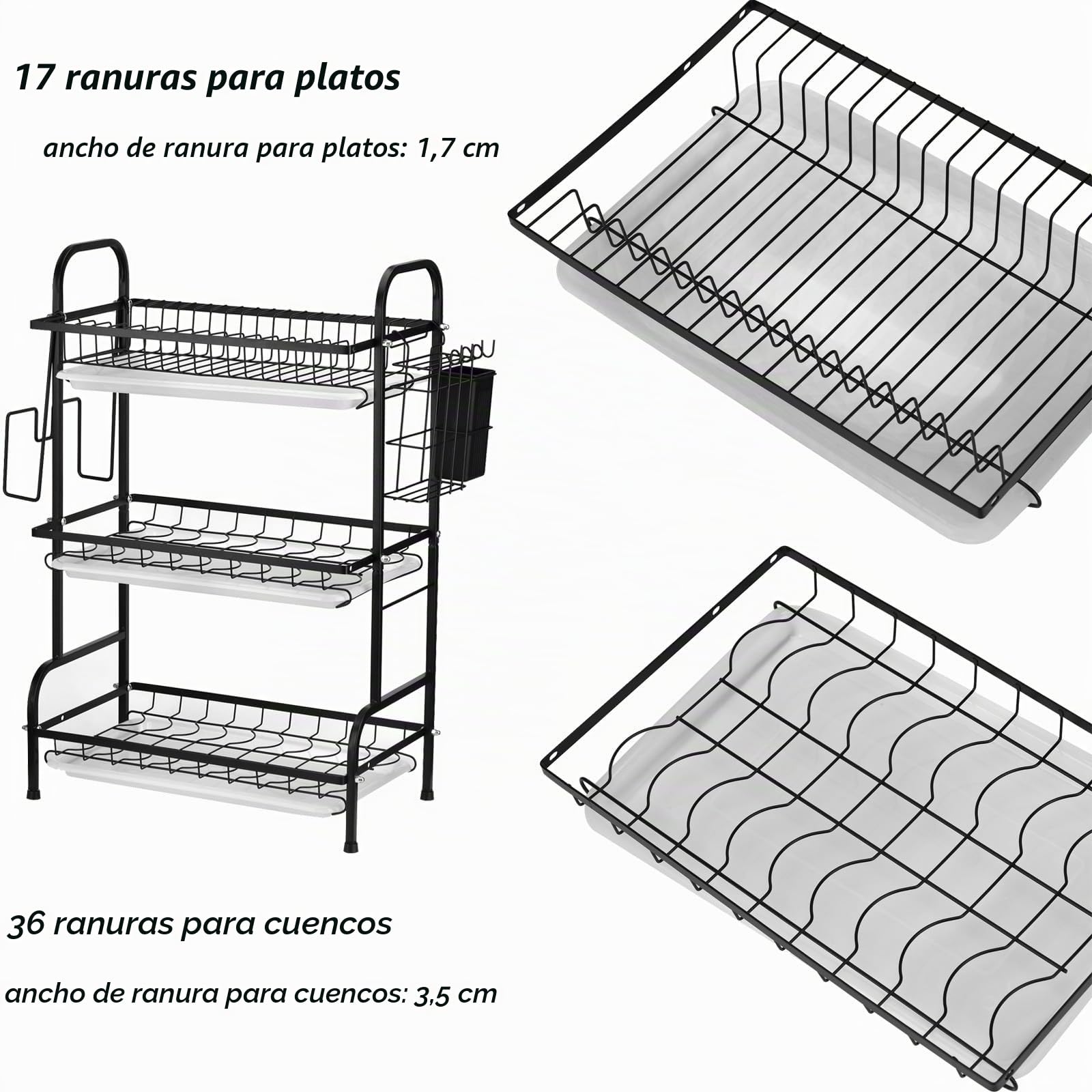 Escurridor de Platos Escurreplatos Metal de 3 Niveles Escurridor Platos para Fregadero Estante de Platos Cocina con Bandejas de Goteo y Porta Utensilios