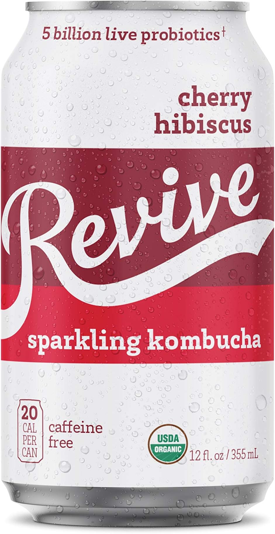 Revive Organic Cherry Hibiscus Sparkling Probiotic Seltzer 12-Pack | Billions of Live Probiotics, Low-Calorie, 5g Organic Cane Sugar, Vegan & Gluten Free | Supports Gut Health and Immune System