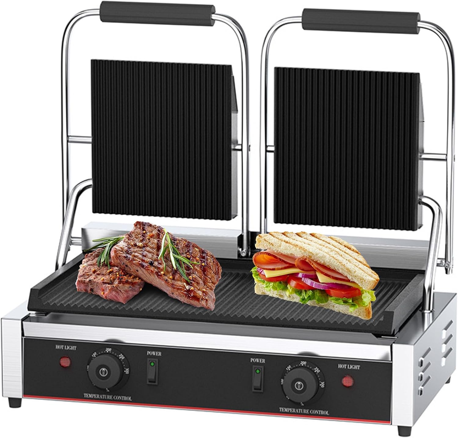 Commercial Sandwich Maker Electric Panini Press Maker 50-300℃ Adjustable Temp Control Non Stick Surface Double Grooved Plates,