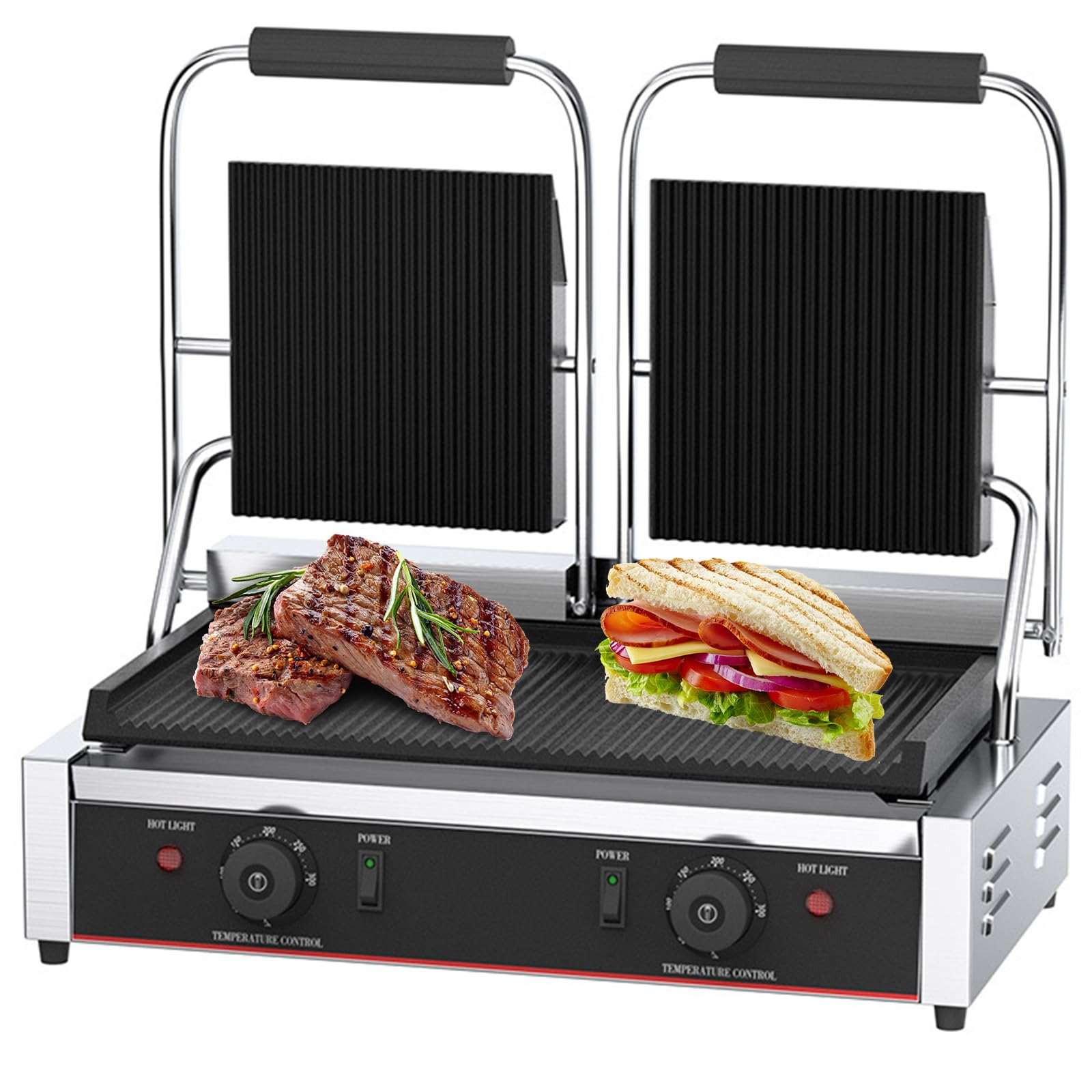 Sandwichera Comercial Eléctrica Panini Press Maker 50-300 ℃ Control De Temperatura Ajustable Superficie Antiadherente Placas De Doble Ranura 3600W Sandwichera Tostadora para Cocina