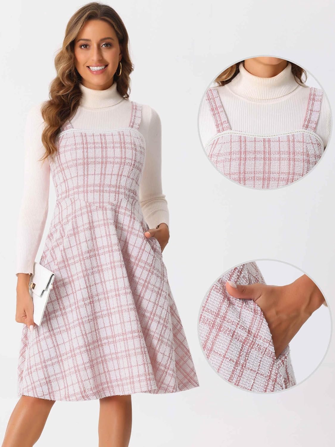 Allegra K Tweed Dress for Women's Sleeveless Square Neck Plaid A-Line Pinafore Overall Dresses - Image 2