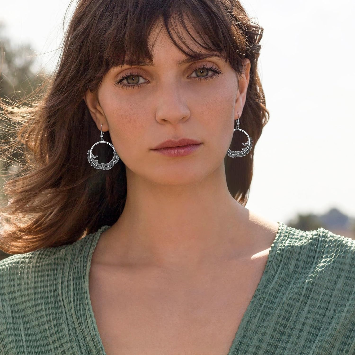 Silver Boho Earrings – Silver Circle Drop Dangle Earrings with Feather Design, Vintage Round Jewelry for Women - Image 2