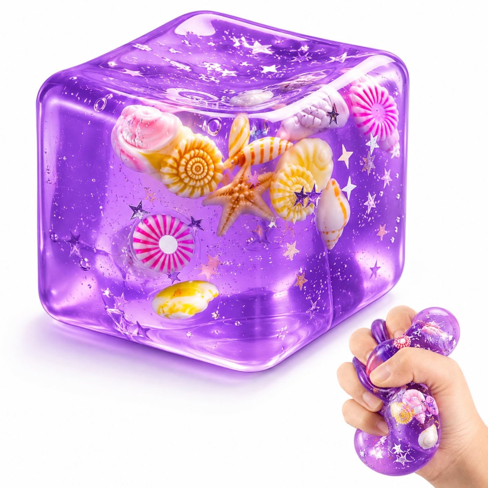 Ice Cube Squishy, Cube Squishy for Focus and Stress Relief, Squishy Cube Sensory Tool for Office Desk and Classroom Use, Purple Square Ocean Shell Design