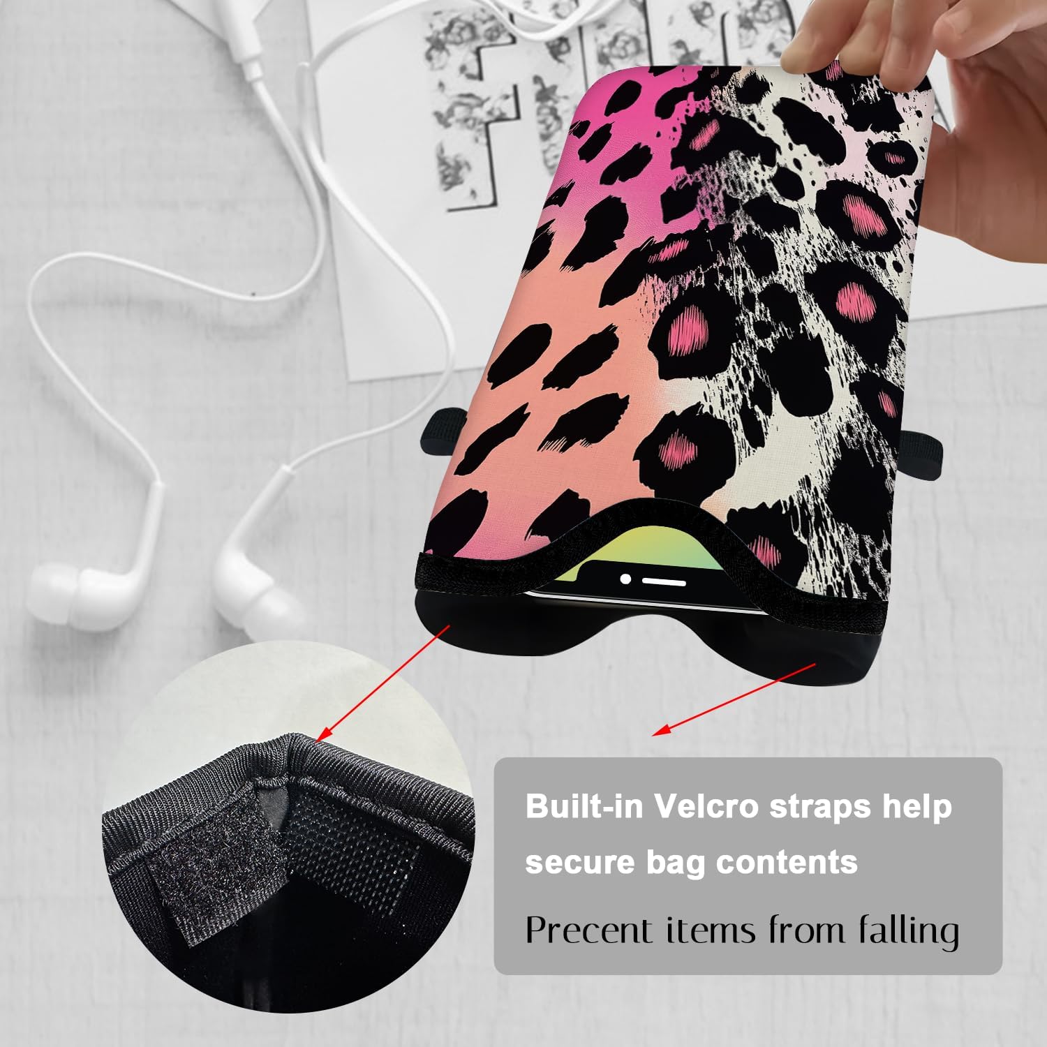 Neoprene Cell Phone Sleeve Pouch Case Bag with Crossbody Strap Neck Lanyard for Women 7.1 X 3.9 in Pink Black - Image 3