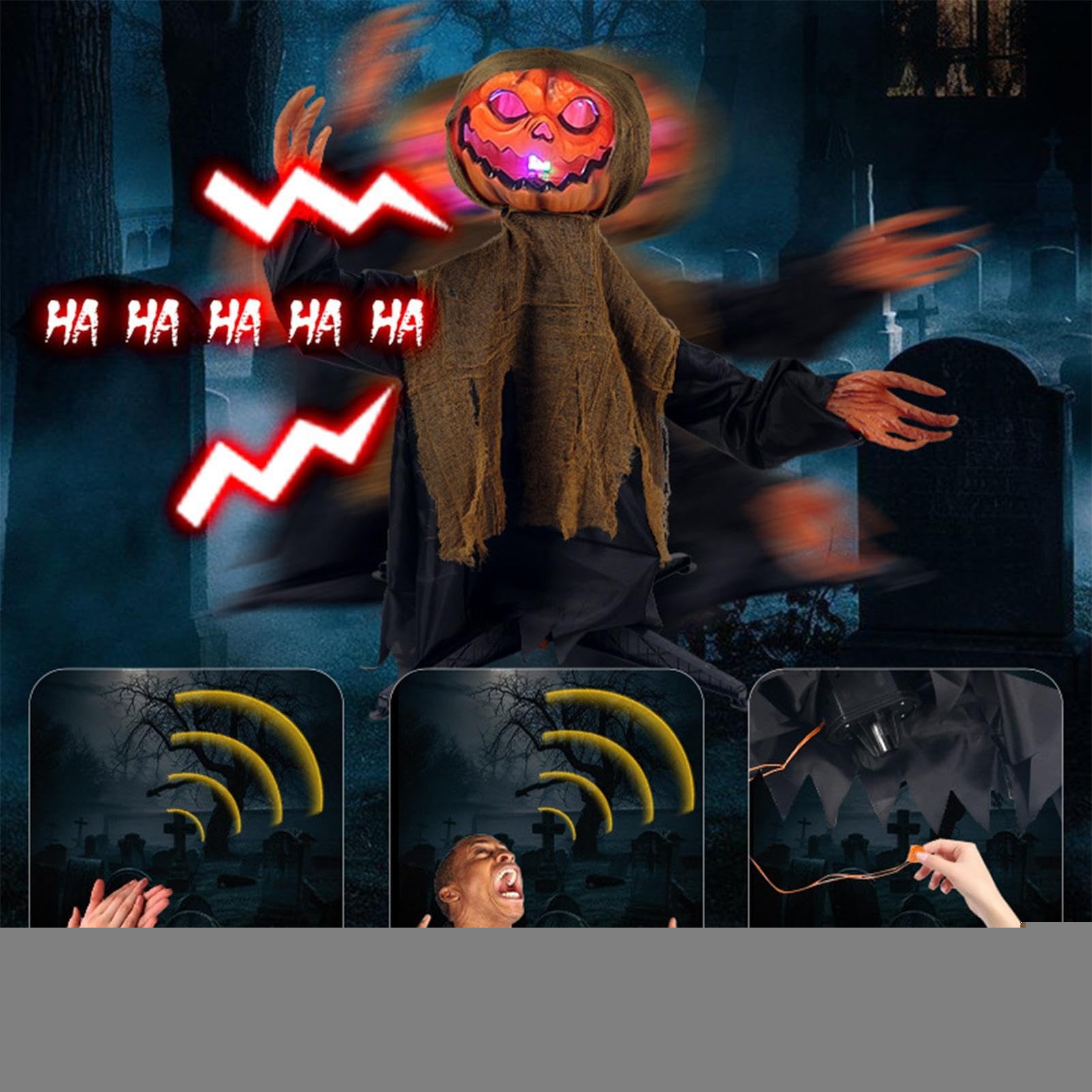 Dekoracje Halloween Animowane Dyniowy Duch Dekoracja Świąteczna | Straszna Dekoracja Wahadłowa Ze Światłem I Dźwiękiem Na Taras Podwórko Ścieżka Trawnik