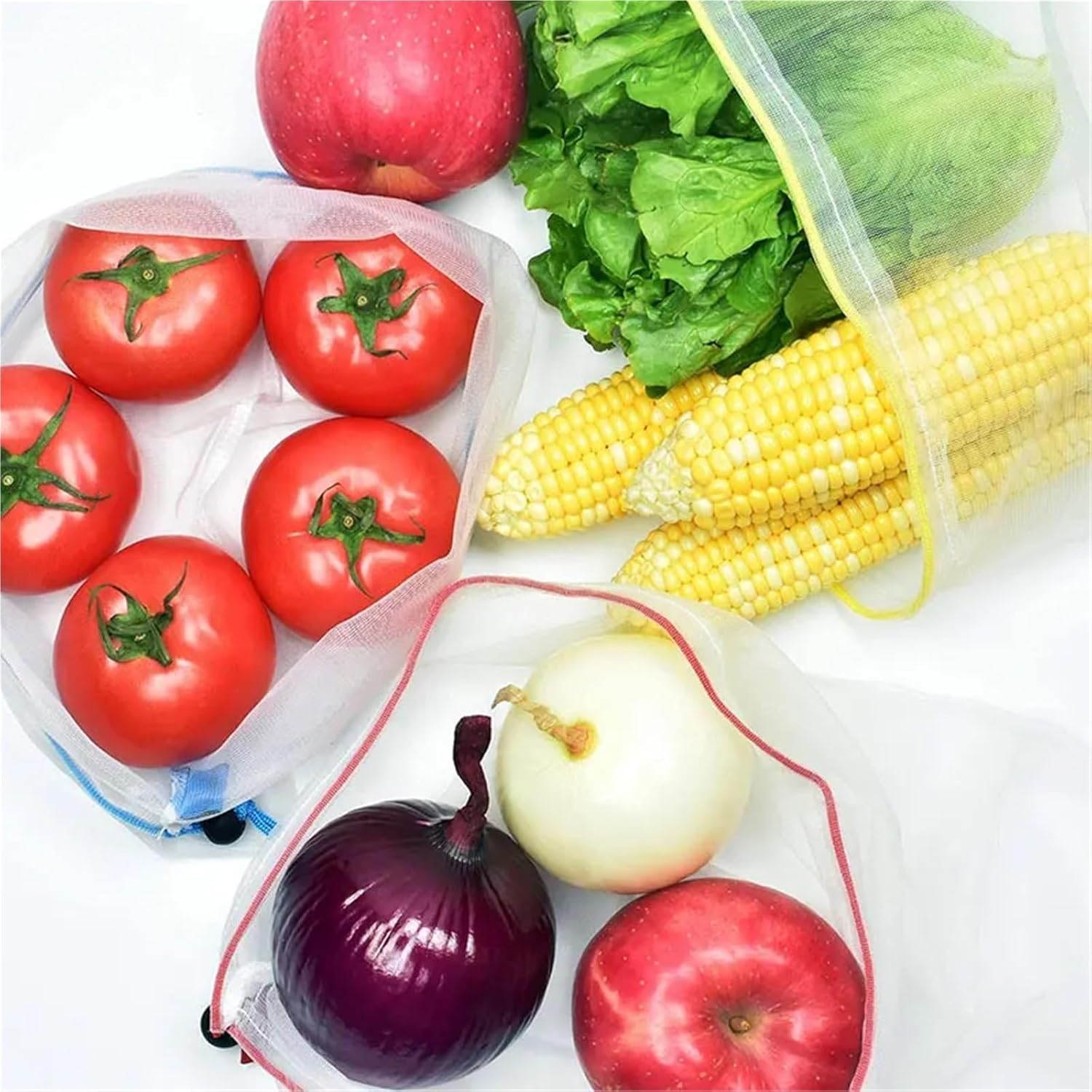 Mesh Produce Bags 15 Pcs Colorful Reusable Fruit Vegetable Bags Produce Washable Mesh Bag Food Storage String Eco Friendly Kitchen(Large)