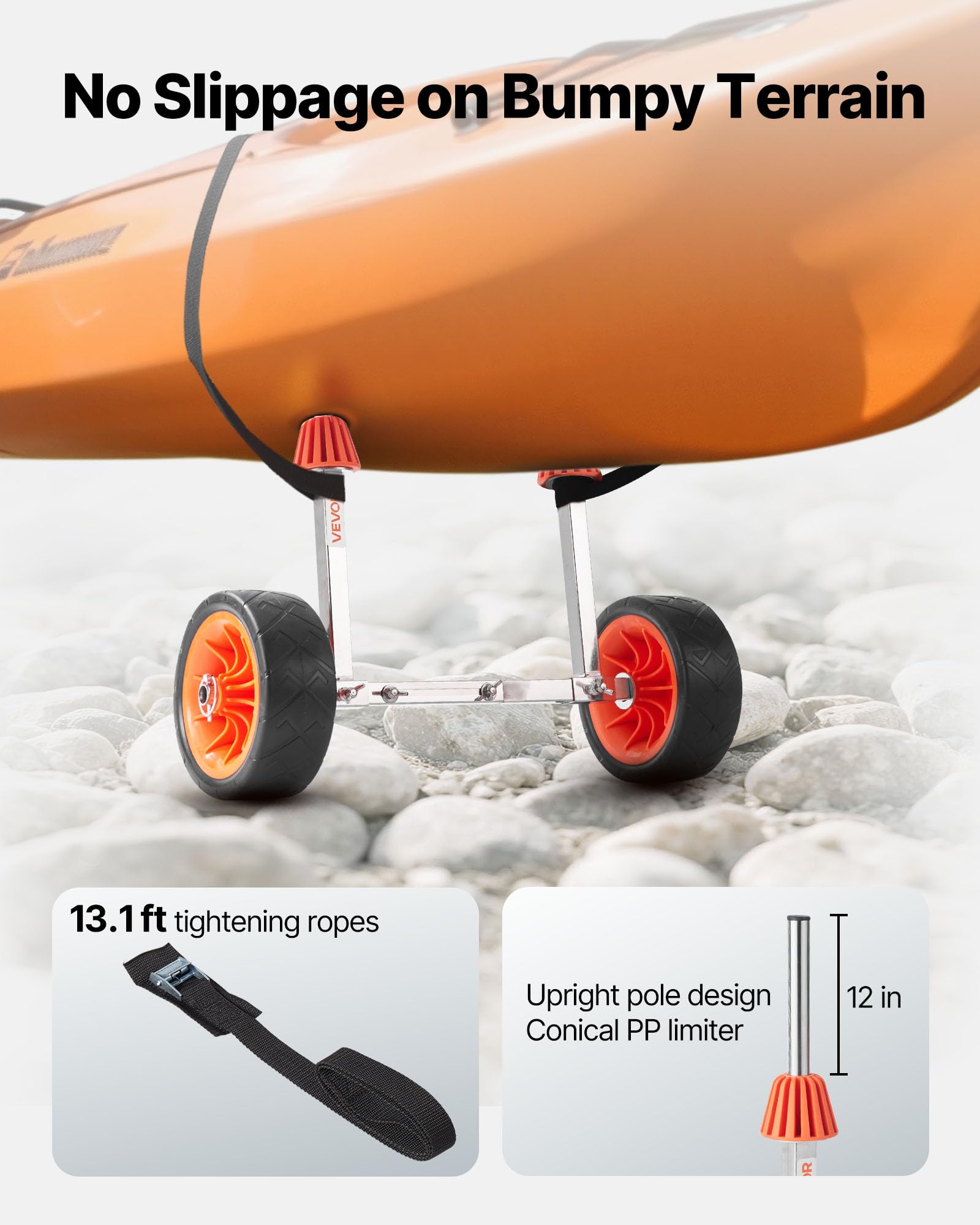 VEVOR Remolque Vertical para Kayak, Remolque de Kayak 560 x 190 x 485 mm con Neumáticos de Goma Maciza de 19,1 cm y Correa de Amarre, Carga de 113,4 kg, Carrito para Tabla de Surf de Remo, Canoas