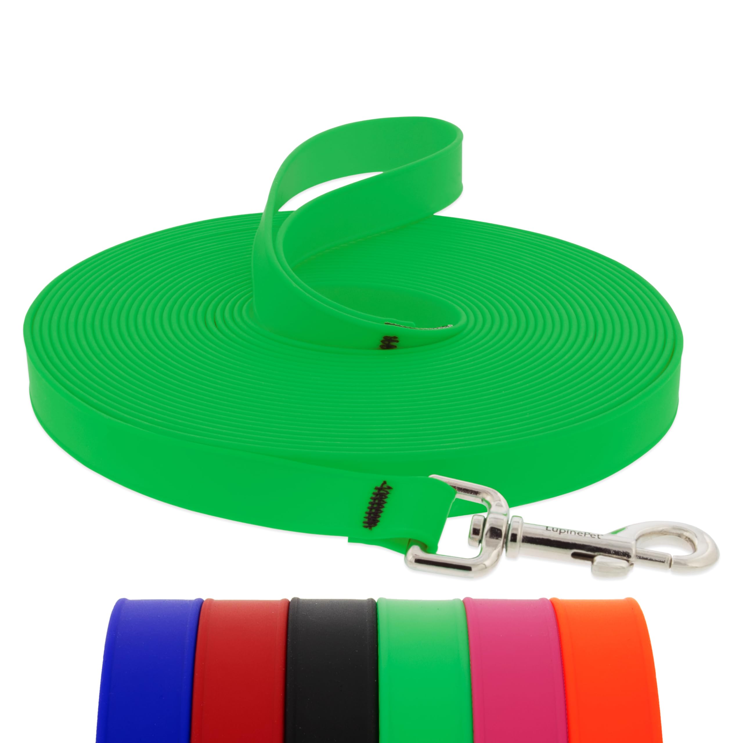 LupinePet Waterproof Splash Extra Long Training and Tracking Leash, Neon Green, 3/4-inch Wide, 30-Foot Long, Made with BioThane