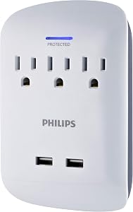 Philips 3-Outlet Surge Protector Wall Tap with 2 USB Ports, Compact Adapter, 900 Joules, Grounded AC Outlets, White, SPP6233WB/37