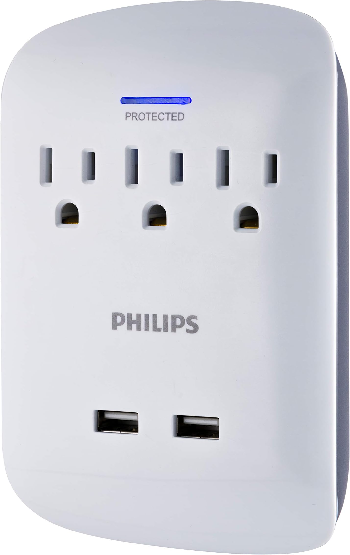 Philips 3-Outlet Extender with 2-USB Port Surge Protector, Charging Station, 900 Joules, Grounded Power Adapter, Indicator Light, 3-Prong, 2.4 AMP/12 Watt, ETL Listed, White, SPP6233WB/37