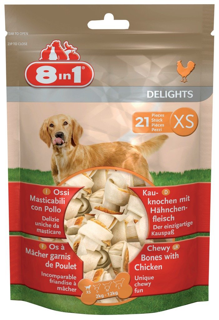 8 in 1 Delights XS - Os de Poulet à Mâcher pour Chien de Petite Taille -​Longue durée- Viande de poulet à cœur - Limite le Tartre - Sans céréales Colorant Arôme Artificiel - 21 pièces - 252 g