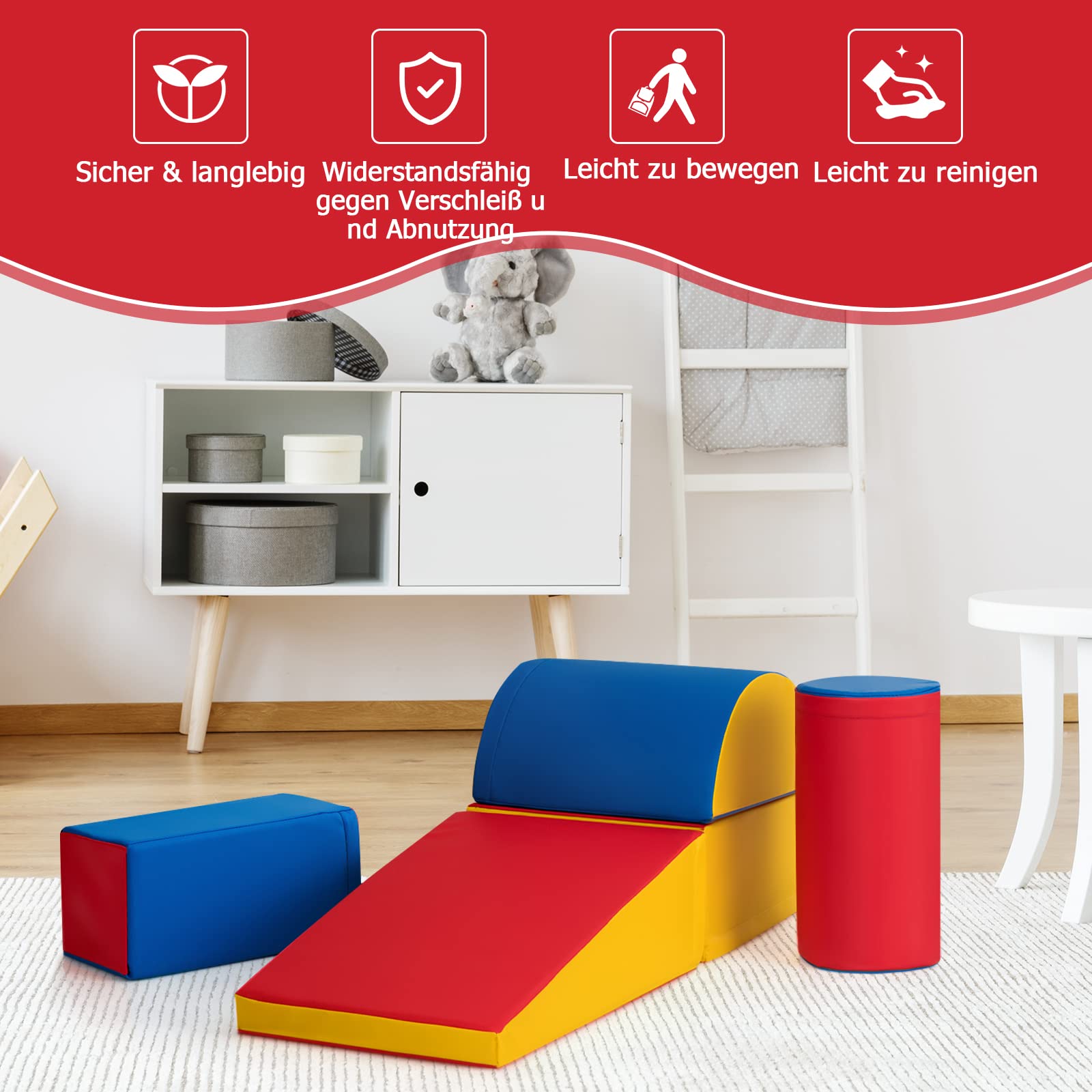 DREAMADE 5 TLG. Softbausteine für Kinder, Großbausteine Riesenbausteine zum Toben und Klettern, Schaumstoffbausteine für Kindergarten Kinderzimmer, Bauklötze aus PE und EPE (Rot+Blau)