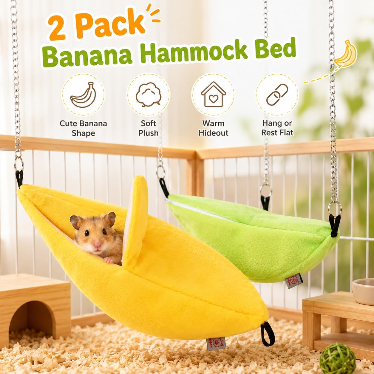 2 Pack Banana Warm Hamster Bed House Hammock Small Animal Warm Bed House Cage, Yellow and Green image 2